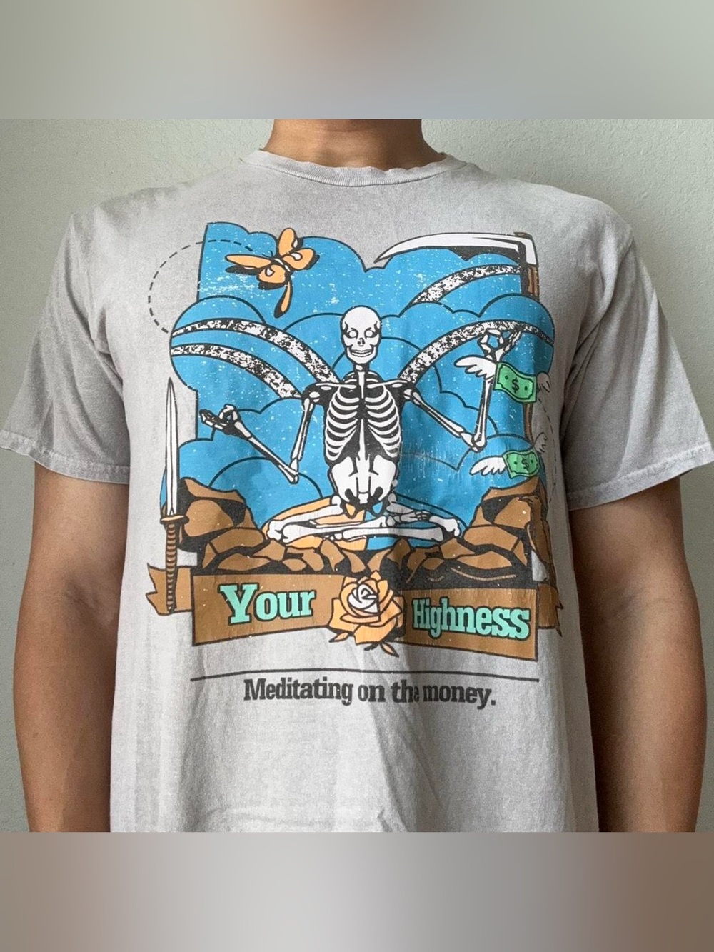Your Highness "Meditating on the Money" Graphics Grey Tee Shirt